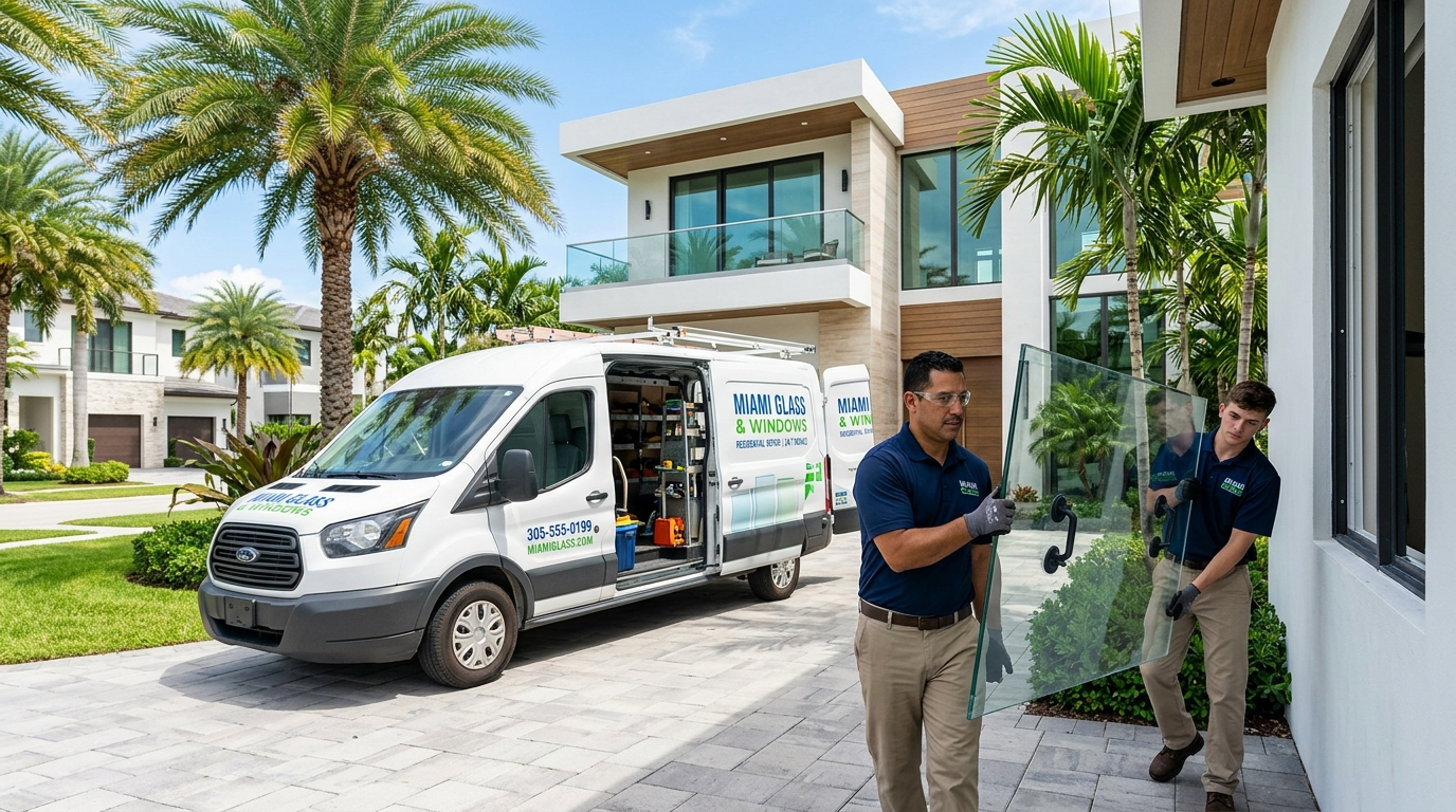 Miami Glass Rescue service van responding to a board-up call