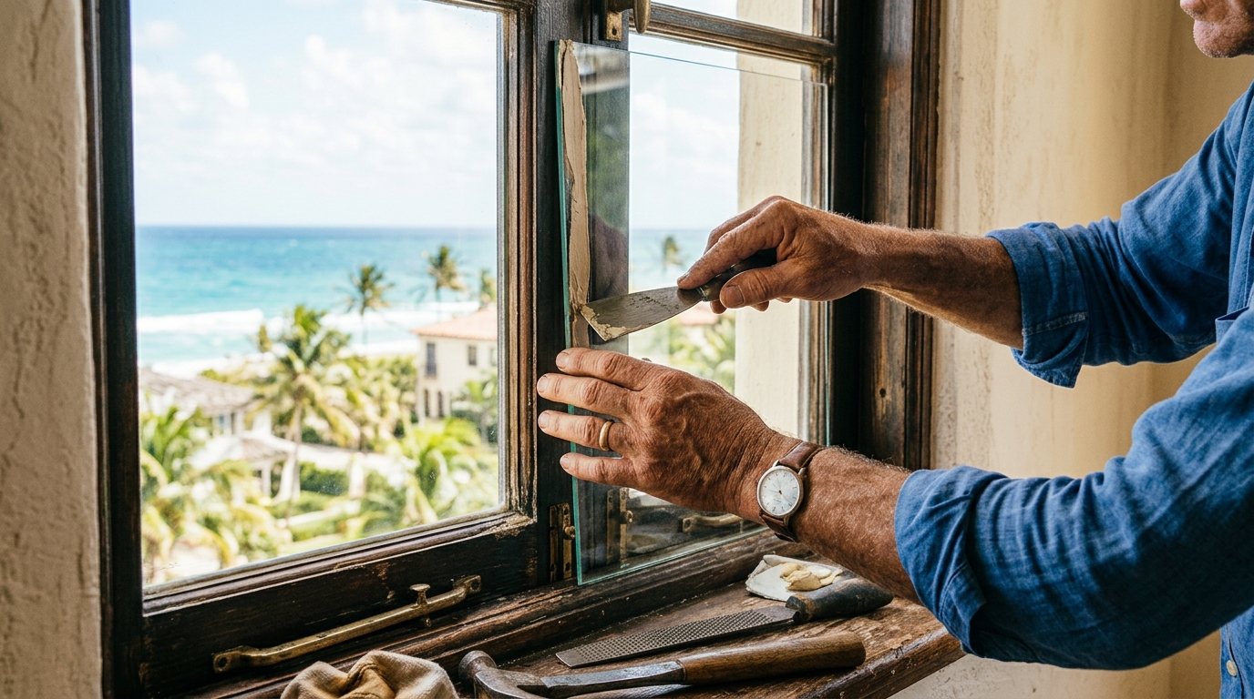 Technician installing glass at Miami villa