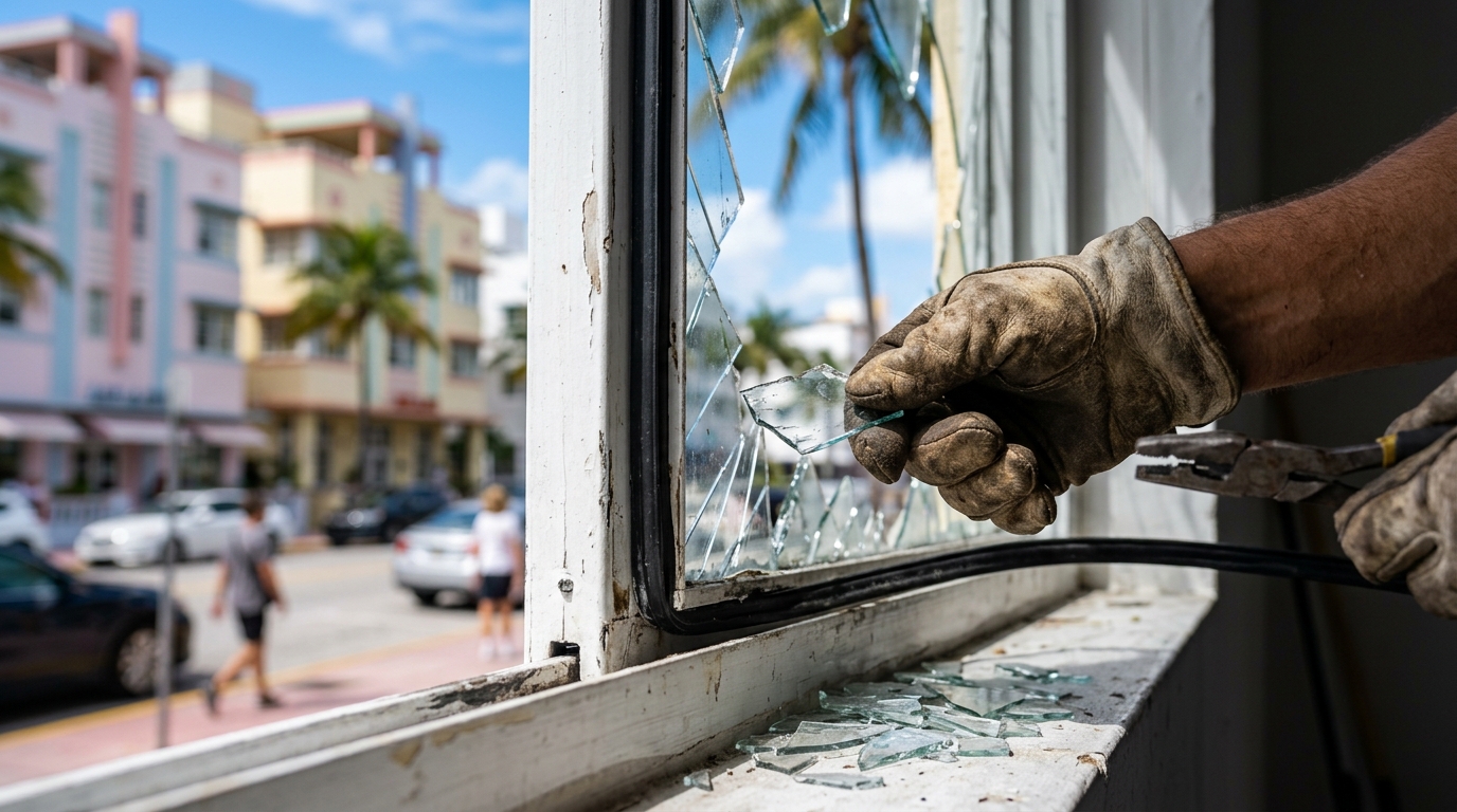 Window glass repair in progress — Miami