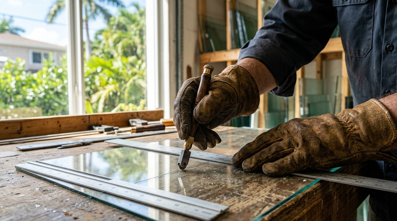 Technician installing glass wall system