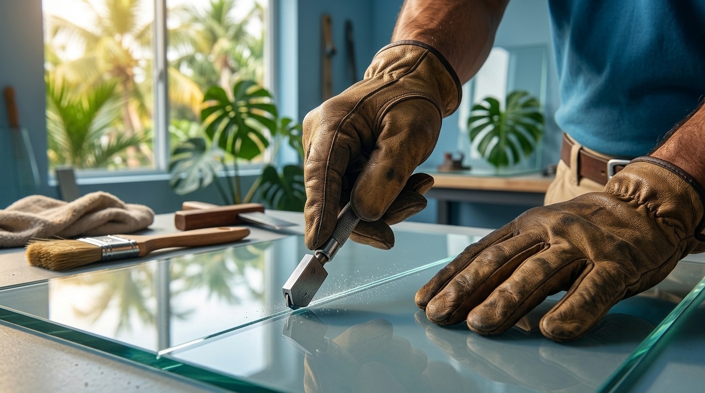Technician installing pocket glass door
