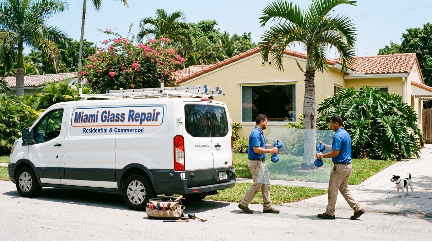Technician installing glass at Miami villa