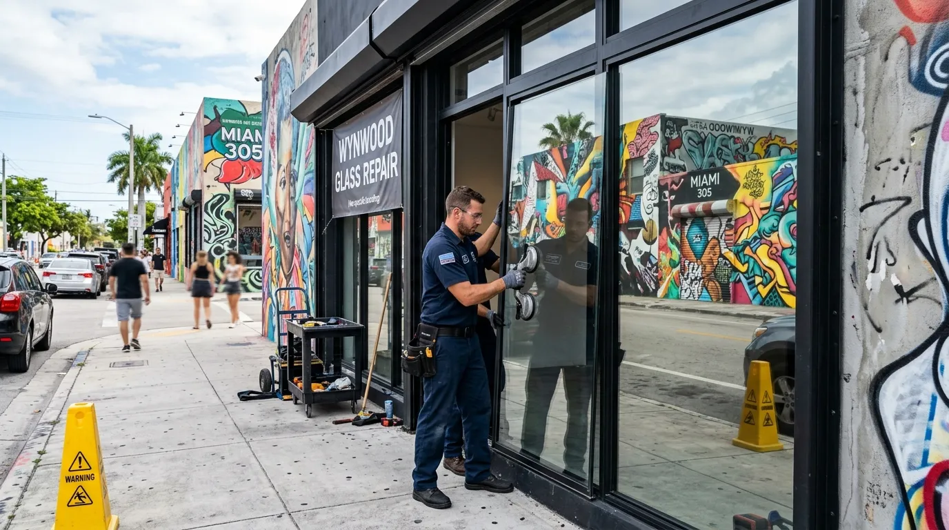 Technician fitting storefront glass — Miami