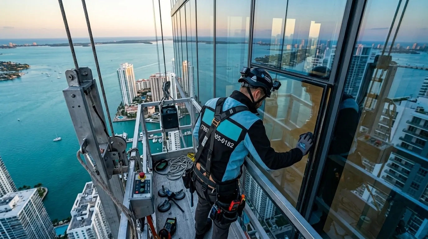 Technician inspecting Miami window pane