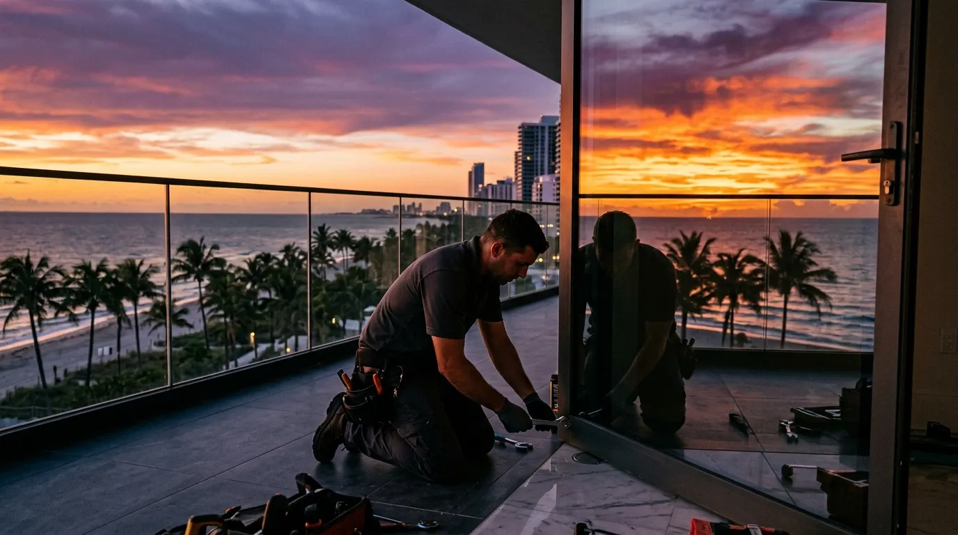 Technician installing glass door Miami