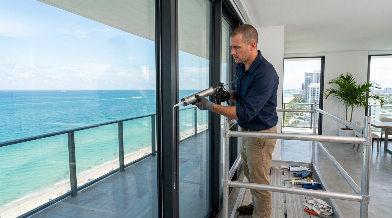 Technician installing pocket glass door