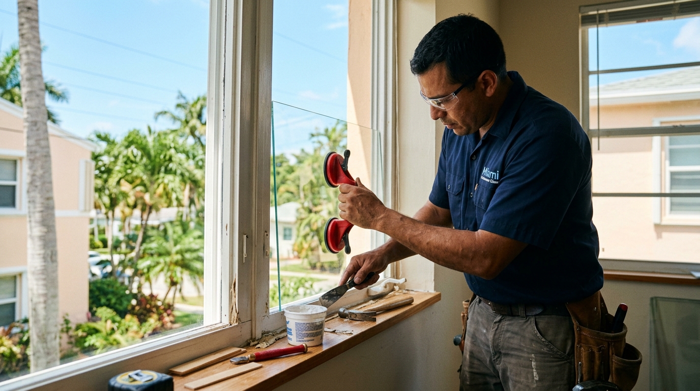 Technician applying sealant to window