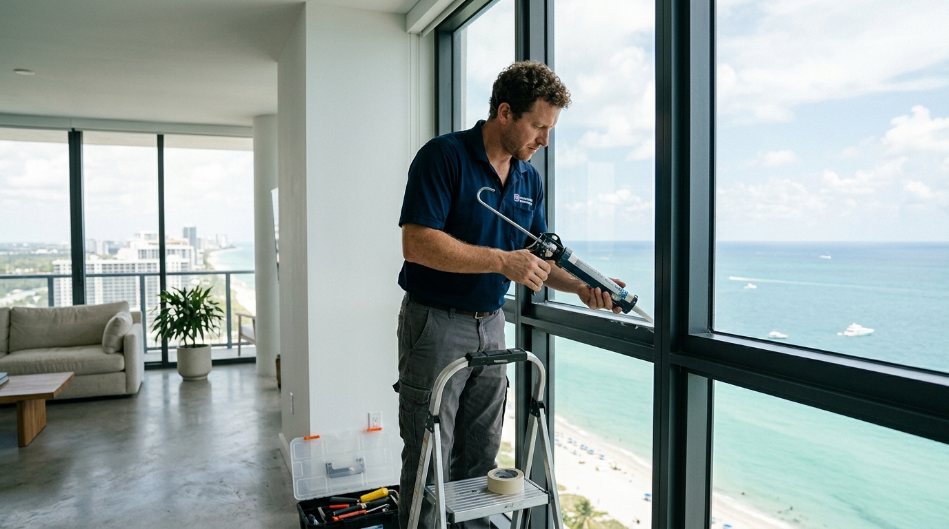 Technician repairing skylight on Miami property