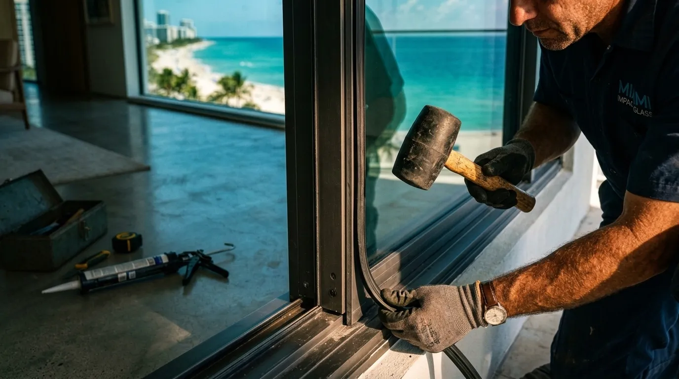 Technician fitting storefront glass — Miami