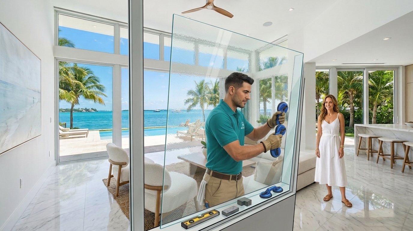 Technician installing pocket glass door