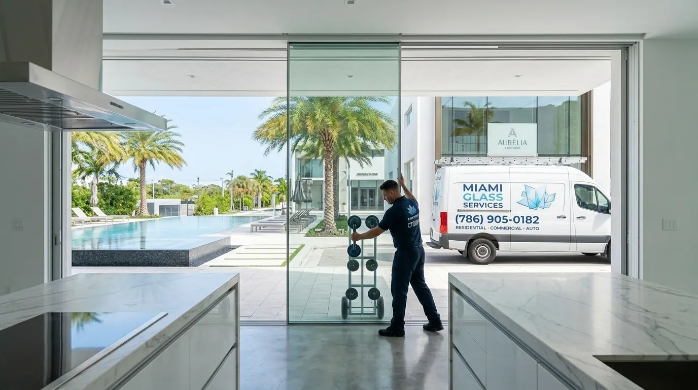 Technician installing pocket glass door