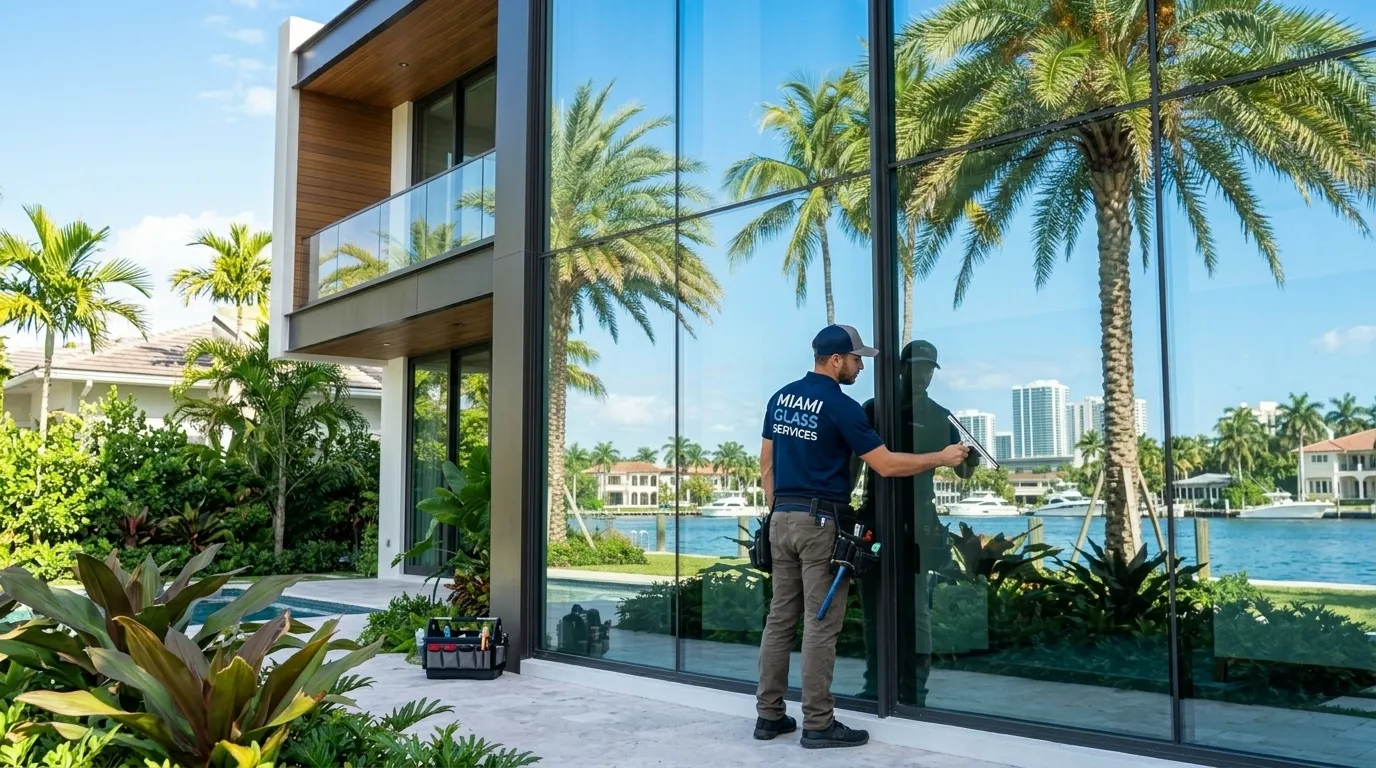Technician installing glass at Miami villa