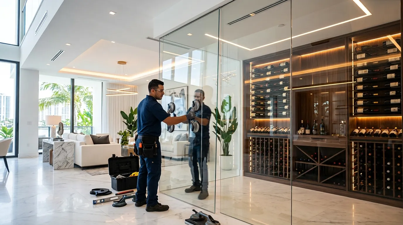 Technician installing a sliding glass wall system in Miami