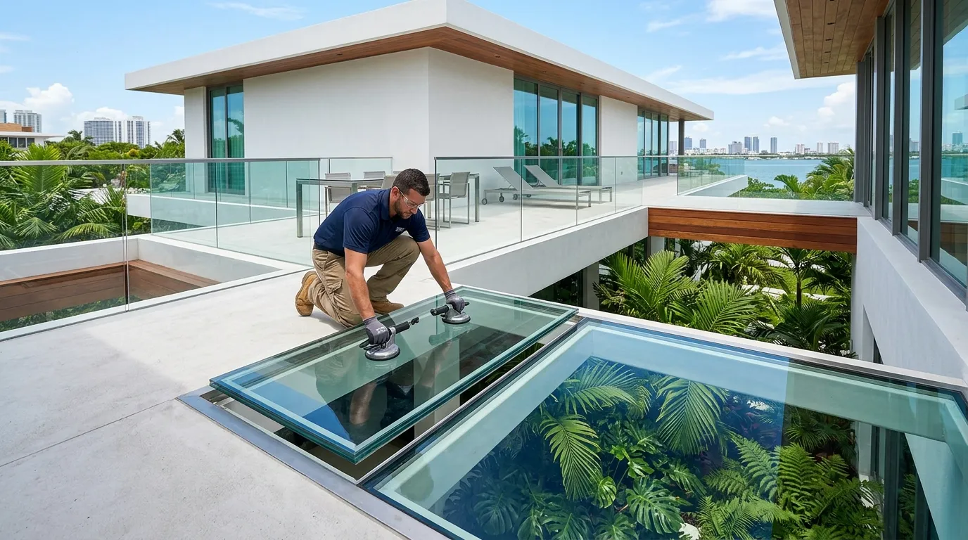Technician installing structural glass — Miami Glass Rescue