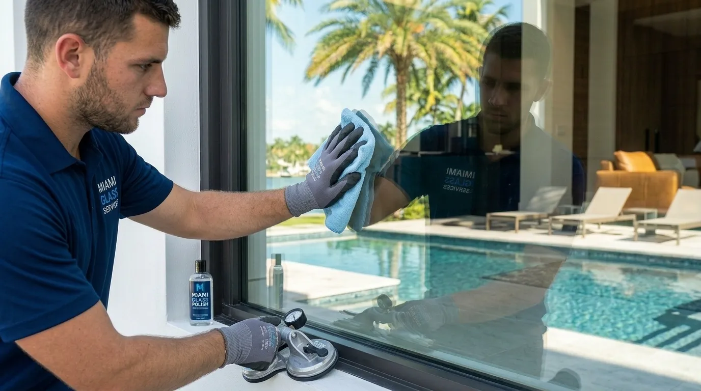 Technician polishing installed window glass