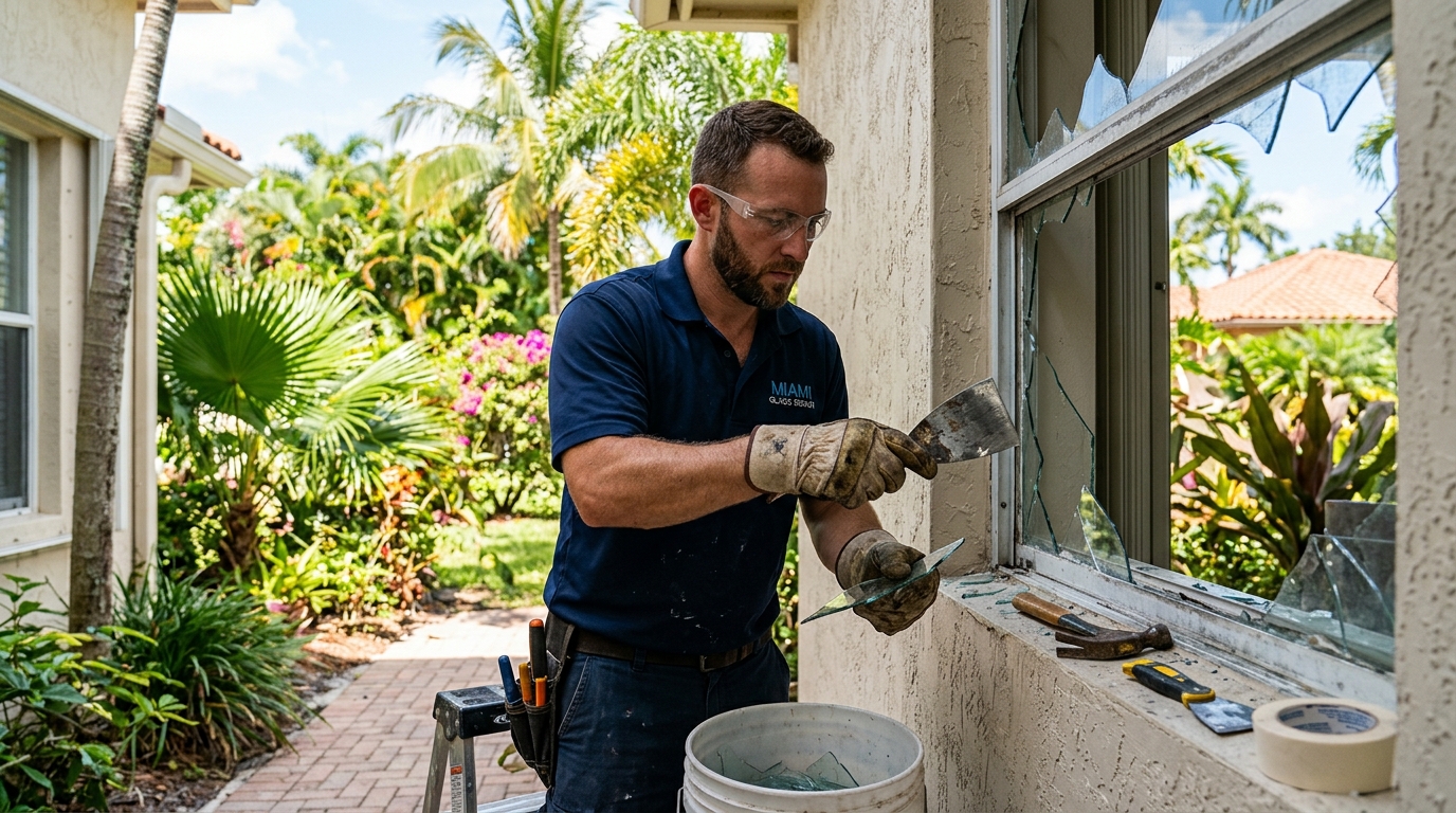 Technician inspecting Miami window pane