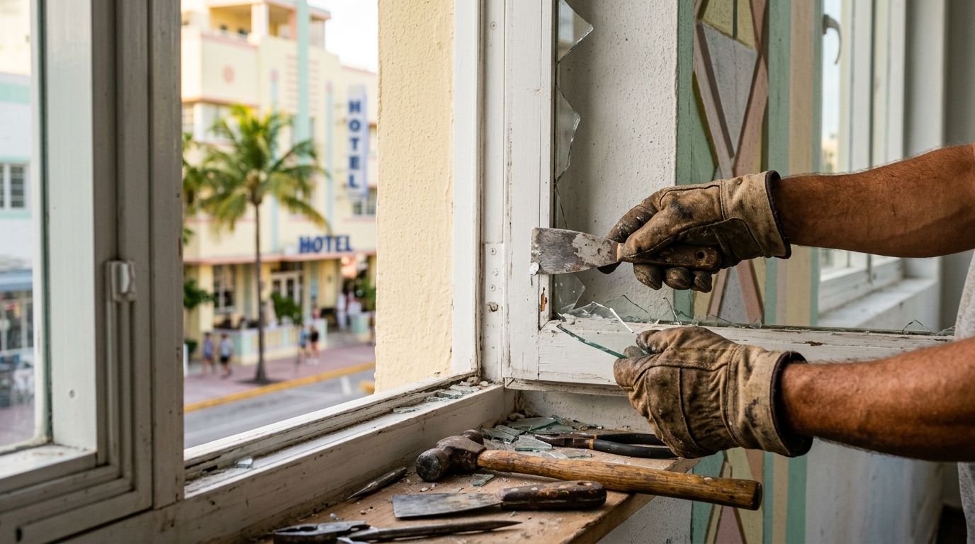 Technician inspecting Miami window pane