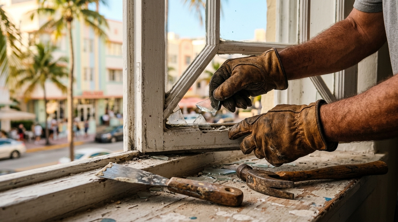 Technician repairing skylight on Miami property