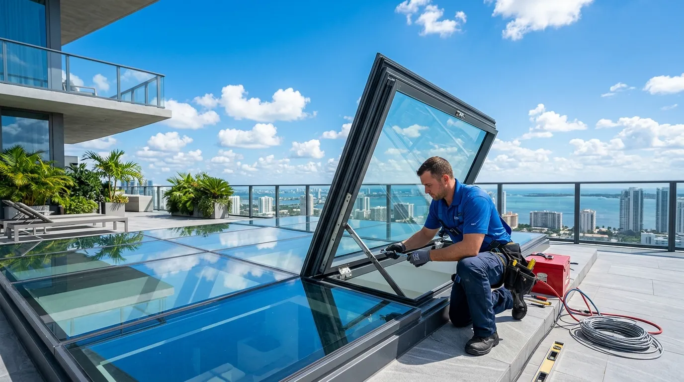 Technician repairing skylight on Miami property