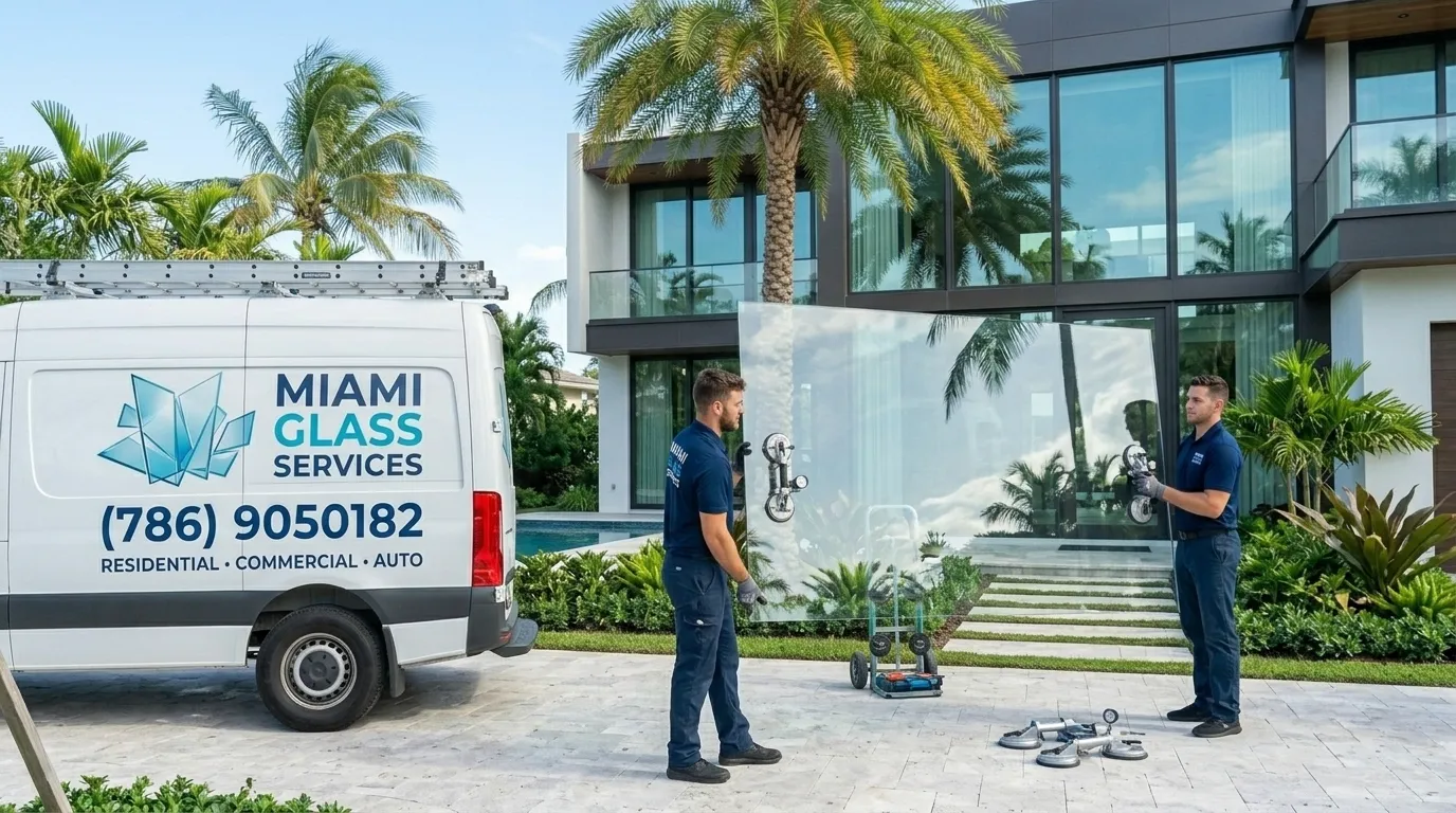 Window glass repair in progress — Miami
