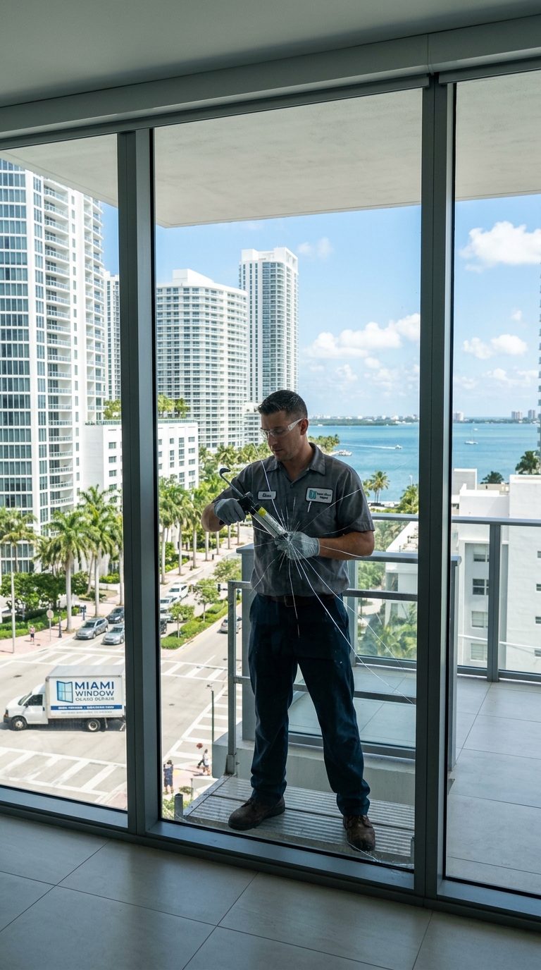 Technician fitting storefront glass — Miami