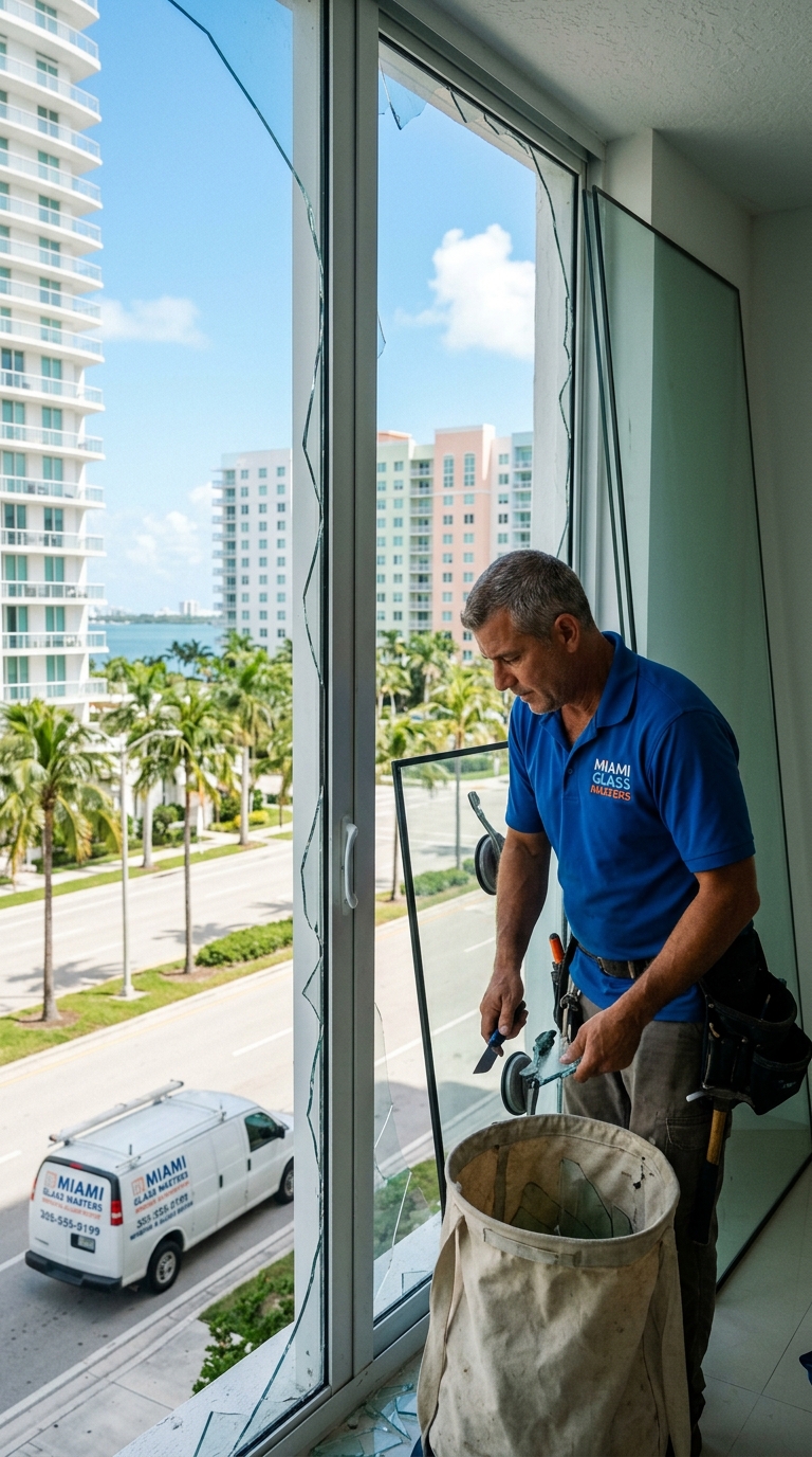 Technician installing pocket glass door