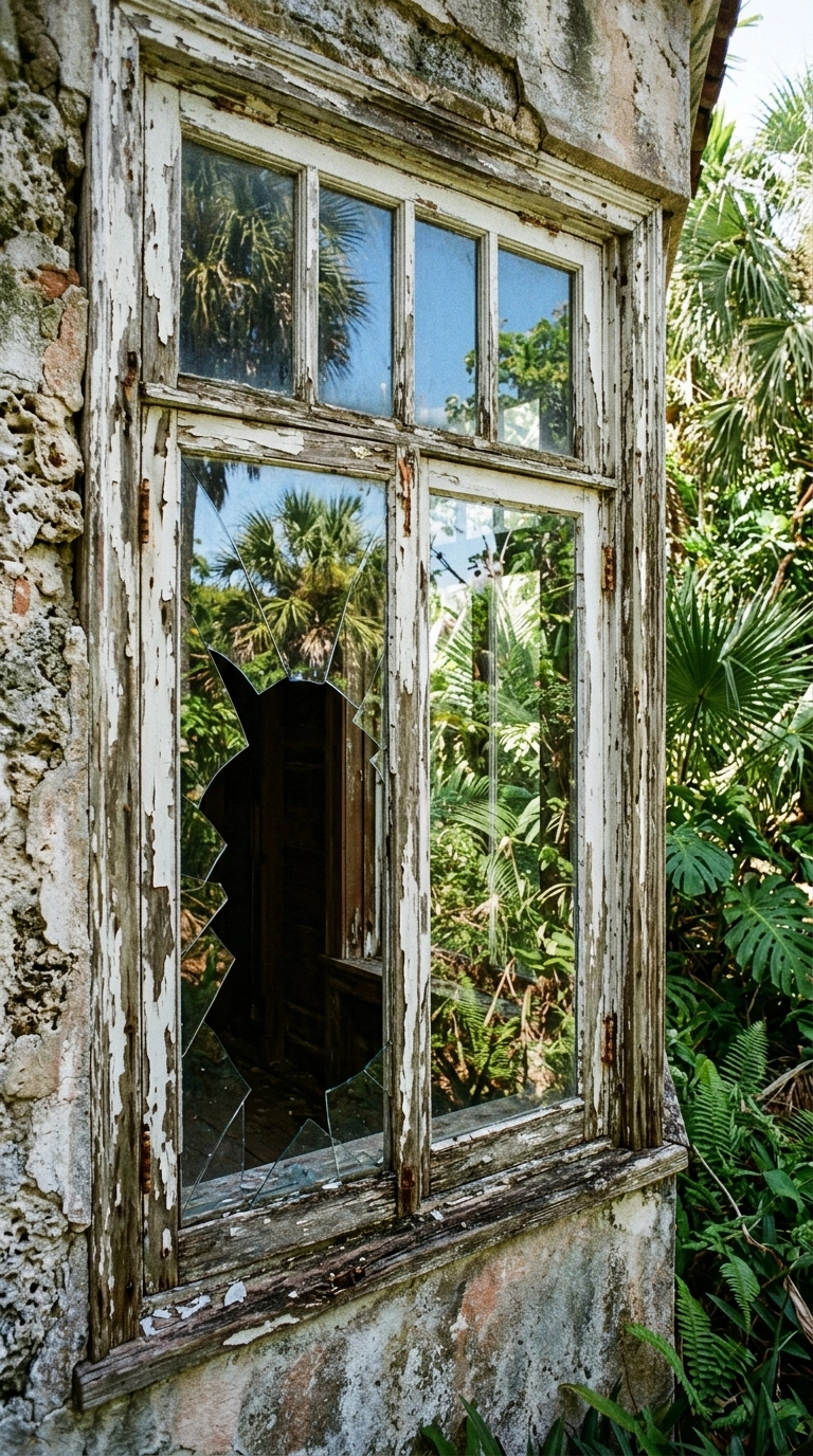 Cracked window before repair Miami home