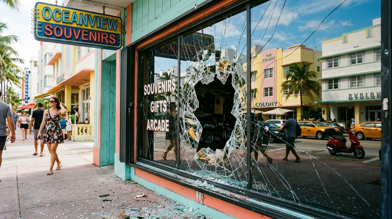 Damaged storefront glass Miami business before repair