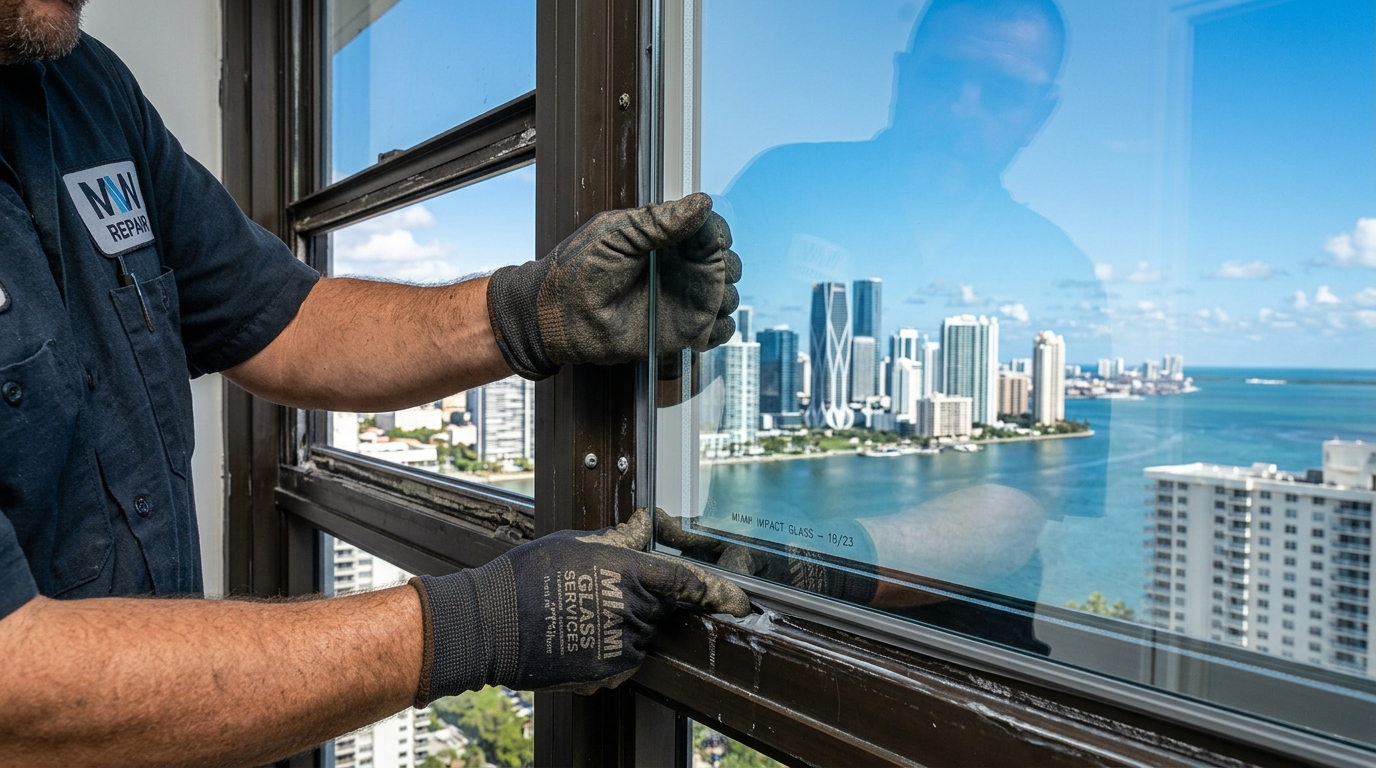 Technician fitting glass pane on Miami home