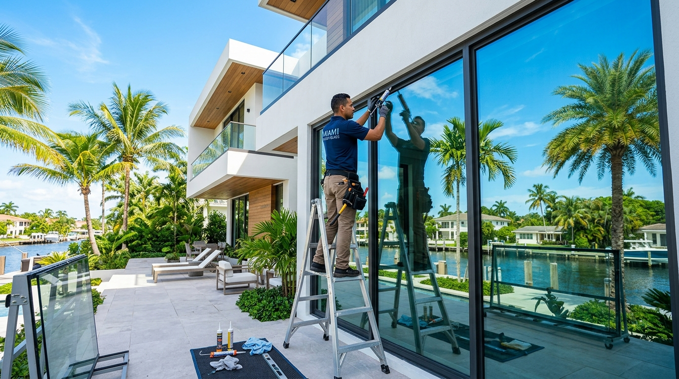 Technician installing glass at Miami villa